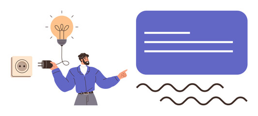 Man holding plug connecting to lightbulb, symbolizing ideas. Speech bubble and wavy lines for communication, creativity, and innovation. Ideal for brainstorming, teamwork, design, education