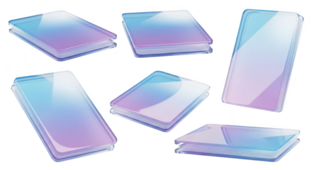 Six glass-like layered digital displays are floating with gradient hues against a clean white backdrop suitable for tech visuals