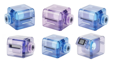 Colorful transparent electronic cameras on a white backdrop showcasing technology ready for concepts about digital photography and devices