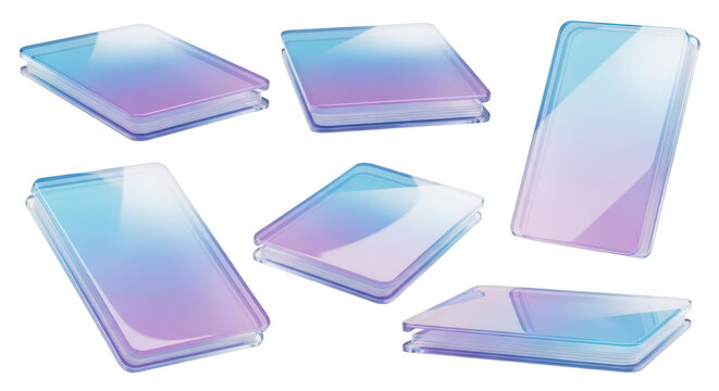 Six glass-like layered digital displays are floating with gradient hues against a clean white backdrop suitable for tech visuals
