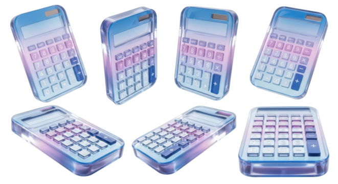 Multiple crystal calculators floating in various positions against a white background suggesting digital calculation finance education - Powered by Adobe