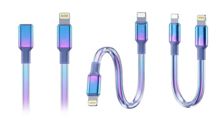 Several iridescent lightning cables are displayed arranged in varied forms on a clean white background illustrating charging options