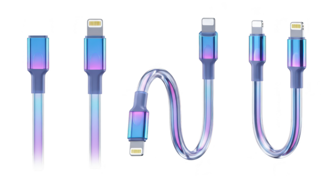 Several iridescent lightning cables are displayed arranged in varied forms on a clean white background illustrating charging options