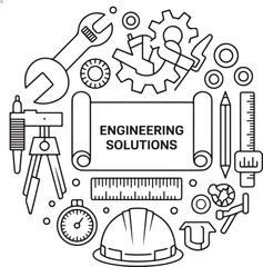 Engineering Tools and Gear Icons – Technical Instruments, Helmets, and Drafting Symbols in Line Art