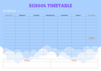 School timetable schedule planner template Blue Sky Clouds design. Student daily week plan