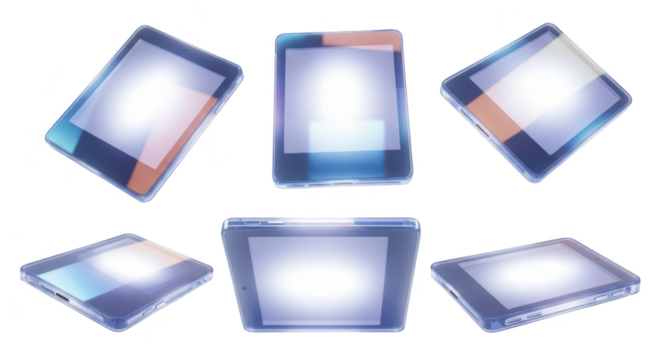 Multiple angles of a tablet hovering in a studio setting with bright white light suggesting technology showcasing or user interface design