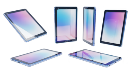 Group of electronic tablet devices floating displaying screens with gradient colors on white studio background; suitable for tech marketing mockup use