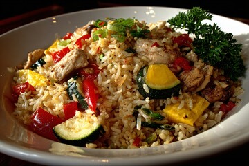 Fried rice with chicken, zucchini, and red bell peppers in a white bowl