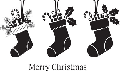  A charming collection of black silhouettes featuring three decorated Christmas stockings, each filled with gifts and holly, accompanied by the festive message "Merry Christmas."