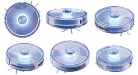 A futuristic robotic vacuum cleaner various views isolated on white ideal for illustrating modern home automation or cleaning technologies