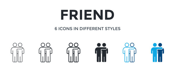 Friend Icon In Different Style Vector Illustration. Designed In Thin Line, Regular Line, Bold Line, Glyph, Color Line, And Color Glyph Style Can Be Used For Web