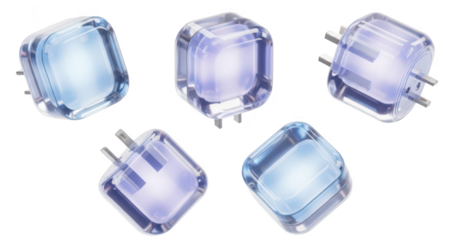 Abstract cubes in blue & purple hues with prongs arranged on a white background suggesting electronic or digital concepts