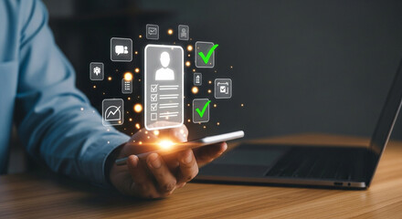 Modern professional managing digital profile and tasks on smartphone with glowing icons