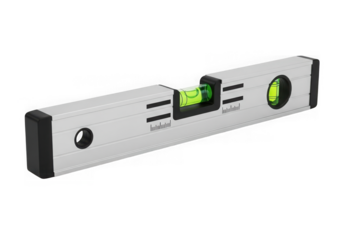 A silver spirit level tool is isolated on transparent background for construction