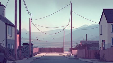 Obraz premium Pastel-toned village street at dawn