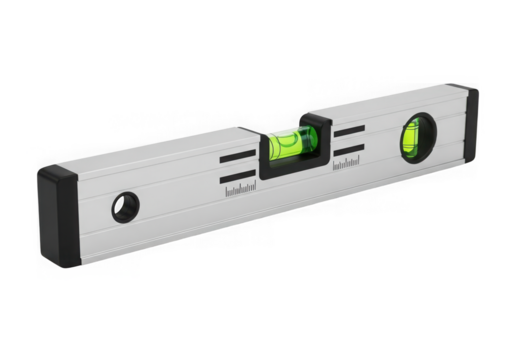 A silver spirit level tool is isolated on transparent background for construction
