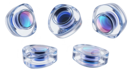 3D rendered crystal lenses arranged on white showing vibrant reflections suggesting technological design and futuristic concept use