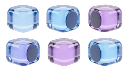 Colorful transparent cubes with internal dark circles on white background illustrating design data or display concepts
