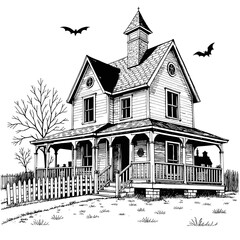 Fototapeta premium Vintage black and white sketch of a spooky house with bats 