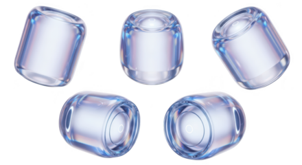 Five translucent cylindrical objects are floating rendered and presented against a white backdrop possibly for product showcase or abstract design