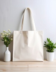 Minimalist white tote bag mockup on wooden table with plants.