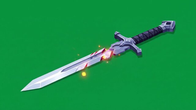 A fantasy sword with glowing red sparks on a green screen for chroma key