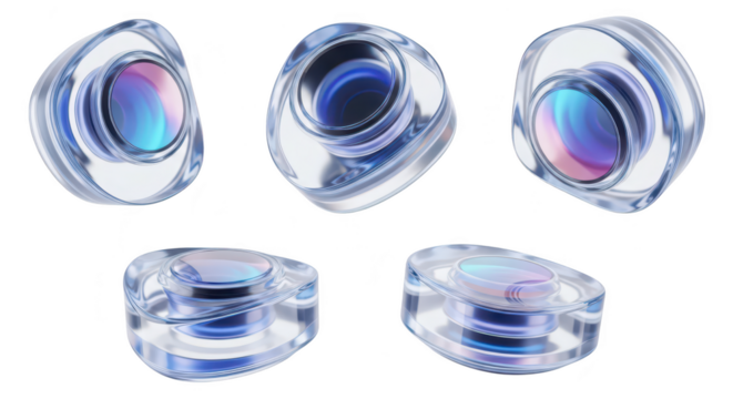 3D rendered crystal lenses arranged on white showing vibrant reflections suggesting technological design and futuristic concept use
