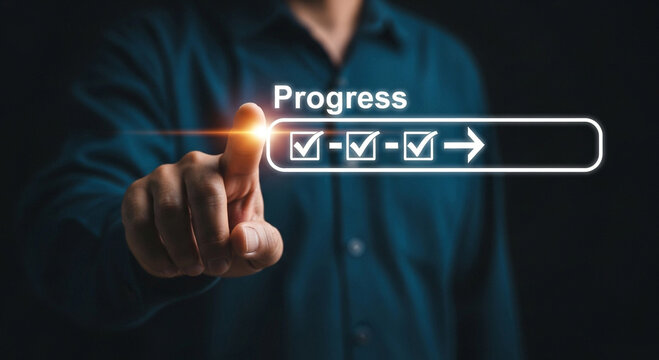 Man tracking project progress with digital checklist, achieving goals efficiently