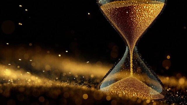 Golden particles flowing liquid sand abstract hourglass shape, time, blurred edges, shallow DOF, radiant gold seamless looping animation, high contrast black background, flowing glitter trails 4k