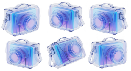 Digital camera models encased in transparent colorful cubes on a white background used for abstract tech or artistic concepts