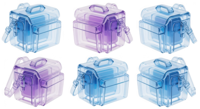 Array of transparent cases rendered in blue and purple hues isolated on a white background ideal for product presentation design and abstract concepts
