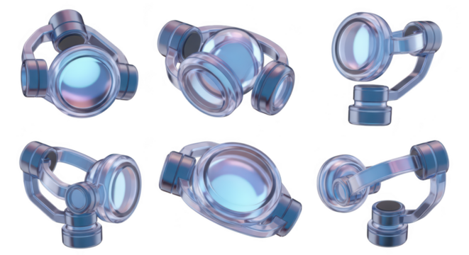 Multiple renders of a transparent head-mounted display showcasing its design from various angles isolated on a white background for product illustration