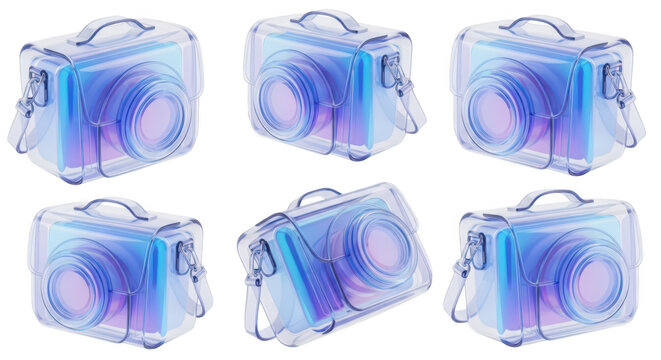 Digital camera models encased in transparent colorful cubes on a white background used for abstract tech or artistic concepts