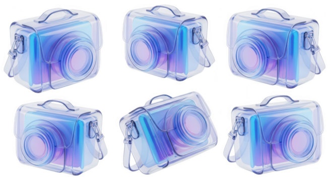 Digital camera models encased in transparent colorful cubes on a white background used for abstract tech or artistic concepts