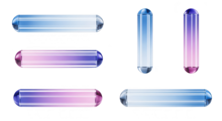 Transparent glowing cylindrical vials in various orientations against a white background potentially for science medicine or technology applications