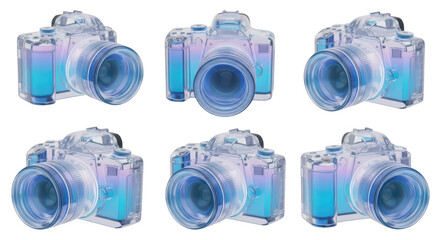Six transparent cameras different views against white background showcasing angles for photography concepts
