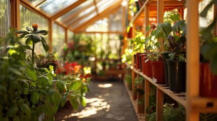 Fototapeta premium Lush Greenhouse Interior Filled with Vibrant Plants and Natural Light, Capturing the Essence of Indoor Gardening and Plant Care in a Bright Setting