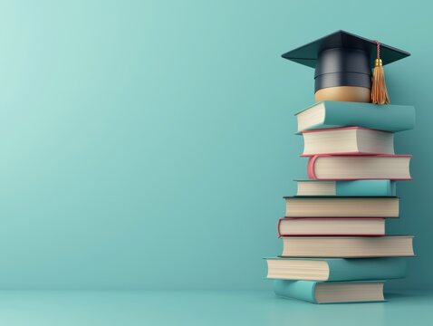 Stack of colorful books topped with a graduation cap on a pastel background, educational and academic concept