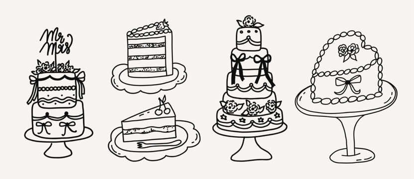 Whimsical wedding cakes with bows line art set. Whimsy coquette hand drawn doodle of birthday piece of cake sweet food. Vector outline illustration