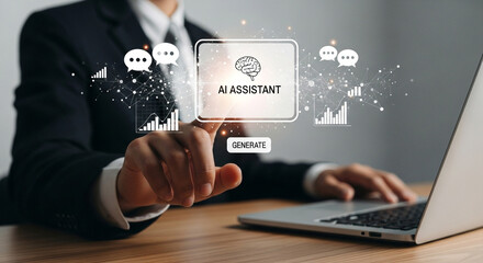 Businessman interacts with AI assistant interface, driving business innovation and growth