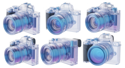 Transparent digital camera models displaying angles against a white backdrop showcasing inner workings useful for photography tutorials