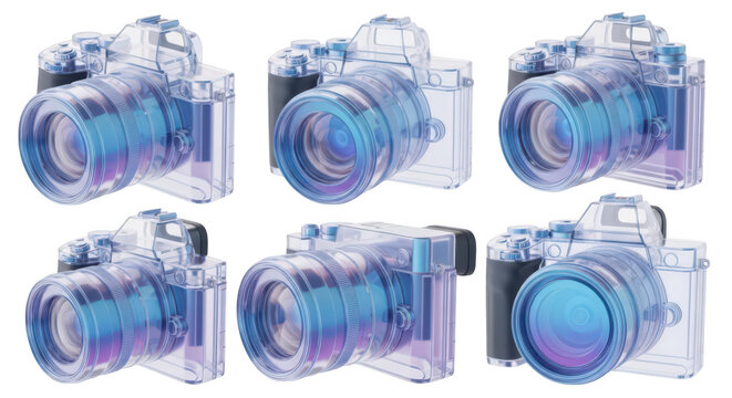 Transparent digital camera models displaying angles against a white backdrop showcasing inner workings useful for photography tutorials