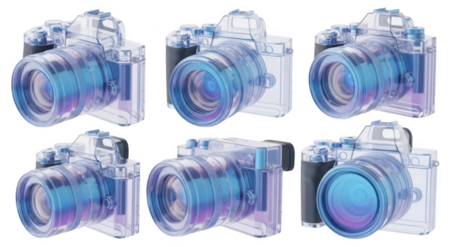 Transparent digital camera models displaying angles against a white backdrop showcasing inner workings useful for photography tutorials