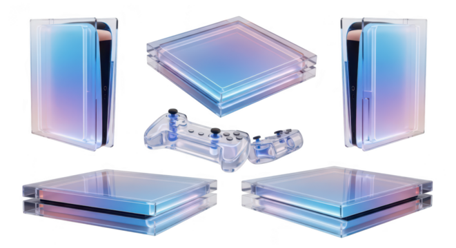 Gaming console and controller encased in transparent acrylic showcasing components white background creative concept for technology