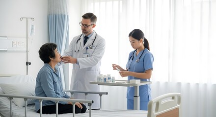 Fototapeta premium Medical Consultation with Doctor and Nurse Attending Female Patient in Hospital Bed