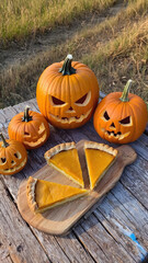 Carved Halloween Pumpkins and Pumpkin Pie Pieces on Wooden Farm Table with Autumn Landscape