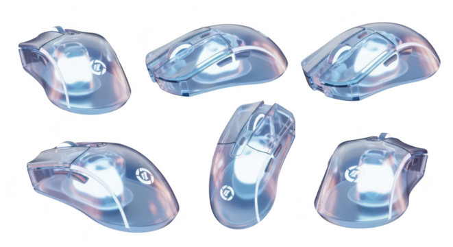 Six transparent computer mice rendered from different angles isolated on a white background for product promotion or design concepts