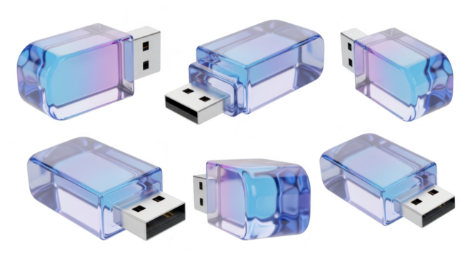 Transparent USB drives displayed on a white background showcasing data storage showcasing the product?s design and functionality