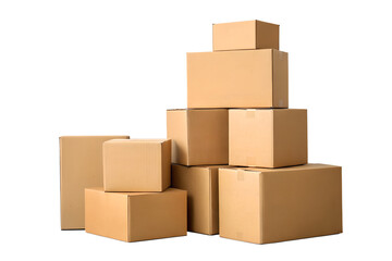 A stack of new brown cardboard boxes for shipping, moving, or packaging goods, isolated on a plain white background. Logistics and delivery service concept.