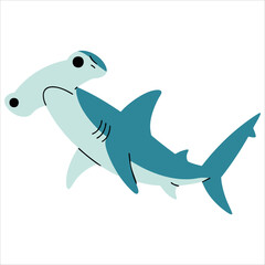 Cartoon icon of hammerhead shark in flat vector style, cute marine animal illustration for underwater wildlife and sea themed visuals